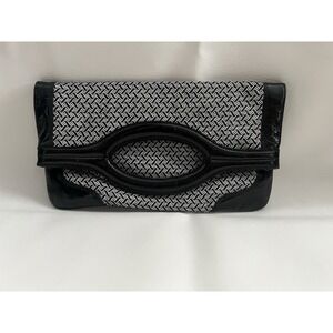 Vintage Donald J Pliner Black Leather Canvas Convertible Clutch Handbag Luxury